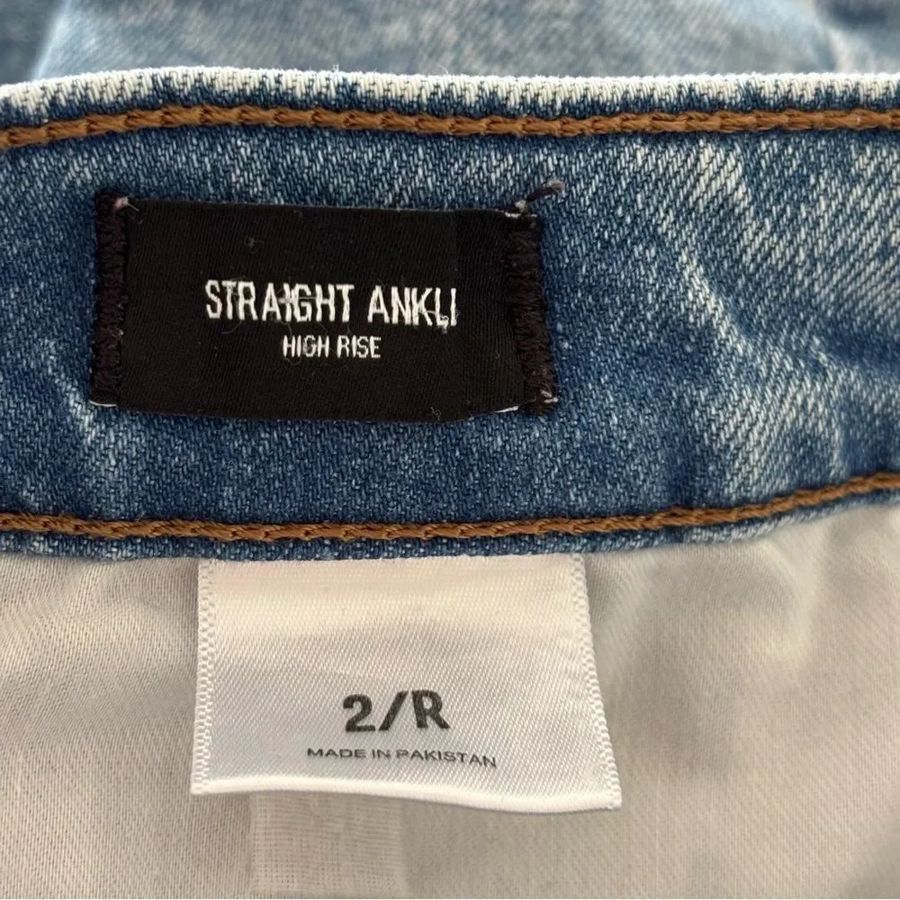 Express Light Denim Straight Ankle High Rise Distressed Jeans SZ 2